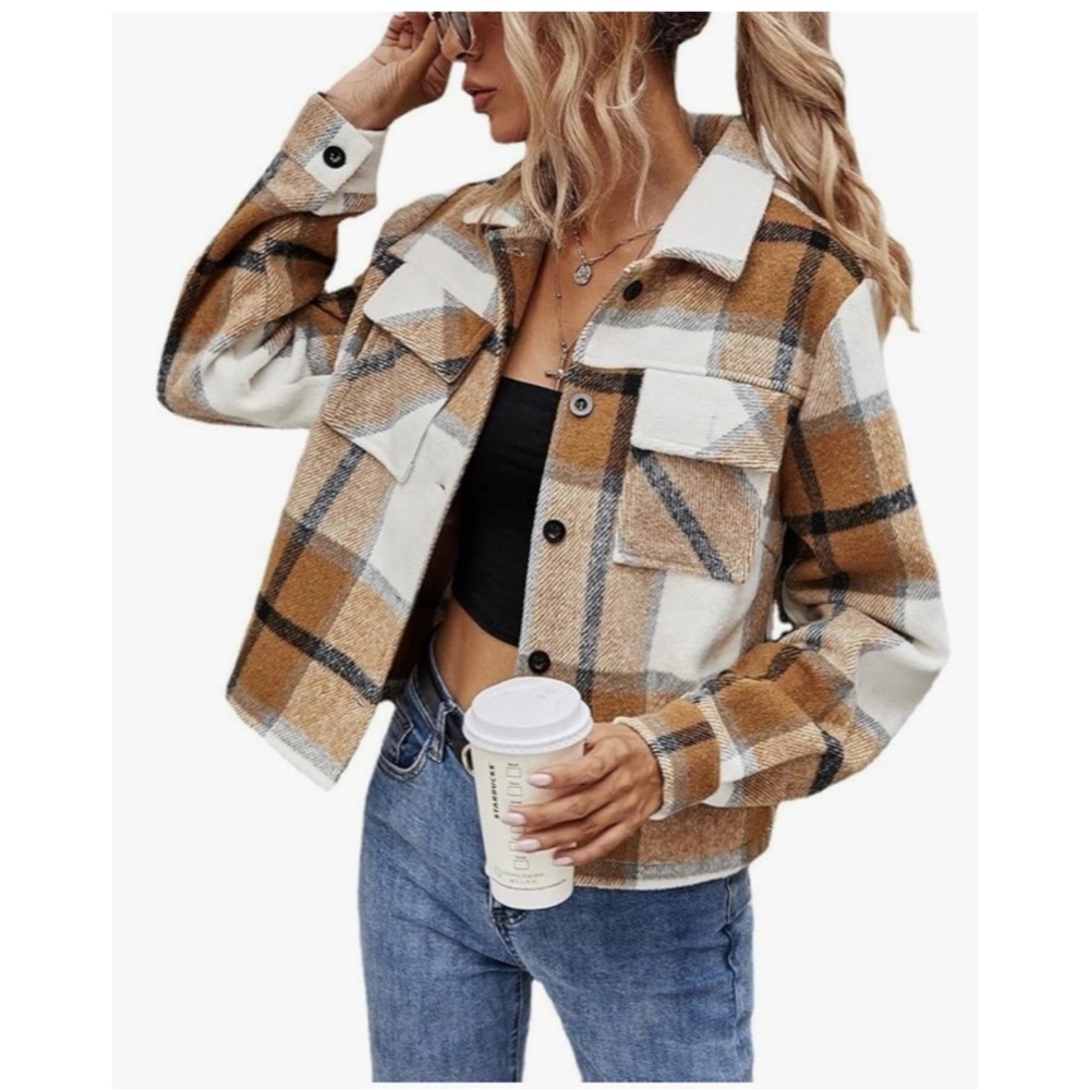 Plaid Button-Up Jacket in Brown, Black, and White